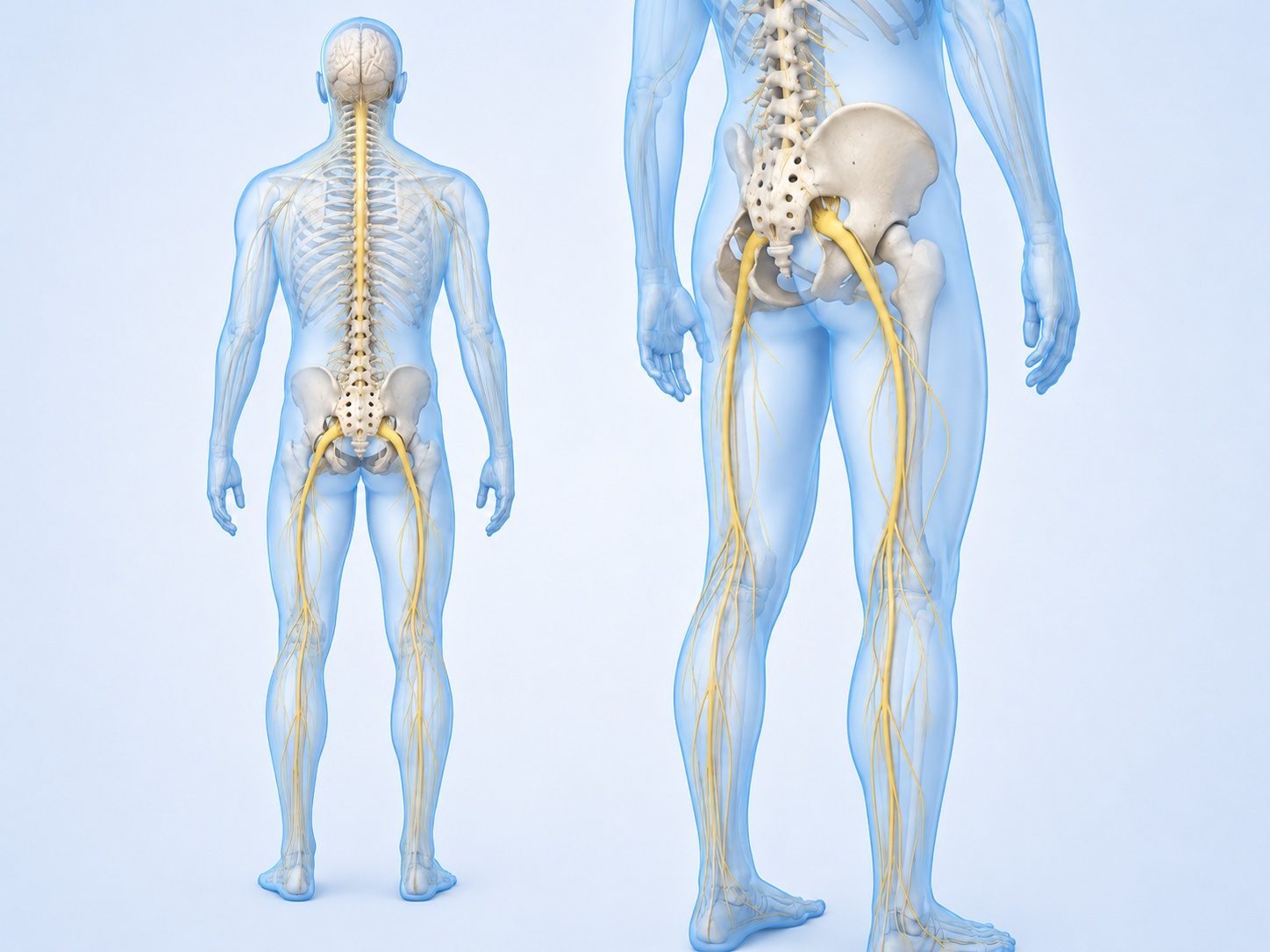 3D medical illustration showing the sciatic nerve pathway running from the lower spine through the pelvis and down both legs — posterior view